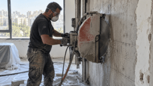 טכנאי מבצע ניסור בטון מדויק בקיר פנימי עם דיסק יהלום