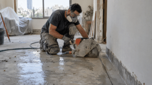 טכנאי מבצע ניסור רצפת בטון עם דיסק יהלום